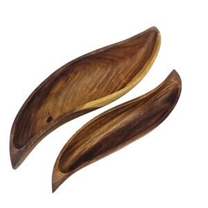 Set of 2 Vintage Genuine Monkey Pod Wood Hand Crafted Large Leaf Dish Bowls